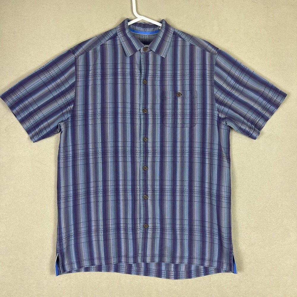 Tommy Bahama Mens S Short Sleeve Button‎ Up Shirt Blue Striped Silk Blend